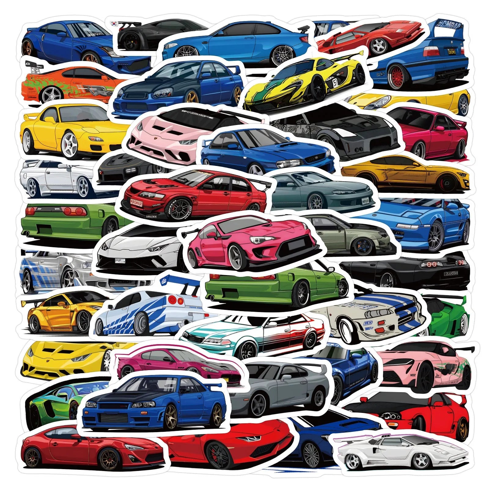 Sixty sports car graffiti vinyl stickers scattered, showing various 5-7cm car-themed designs.