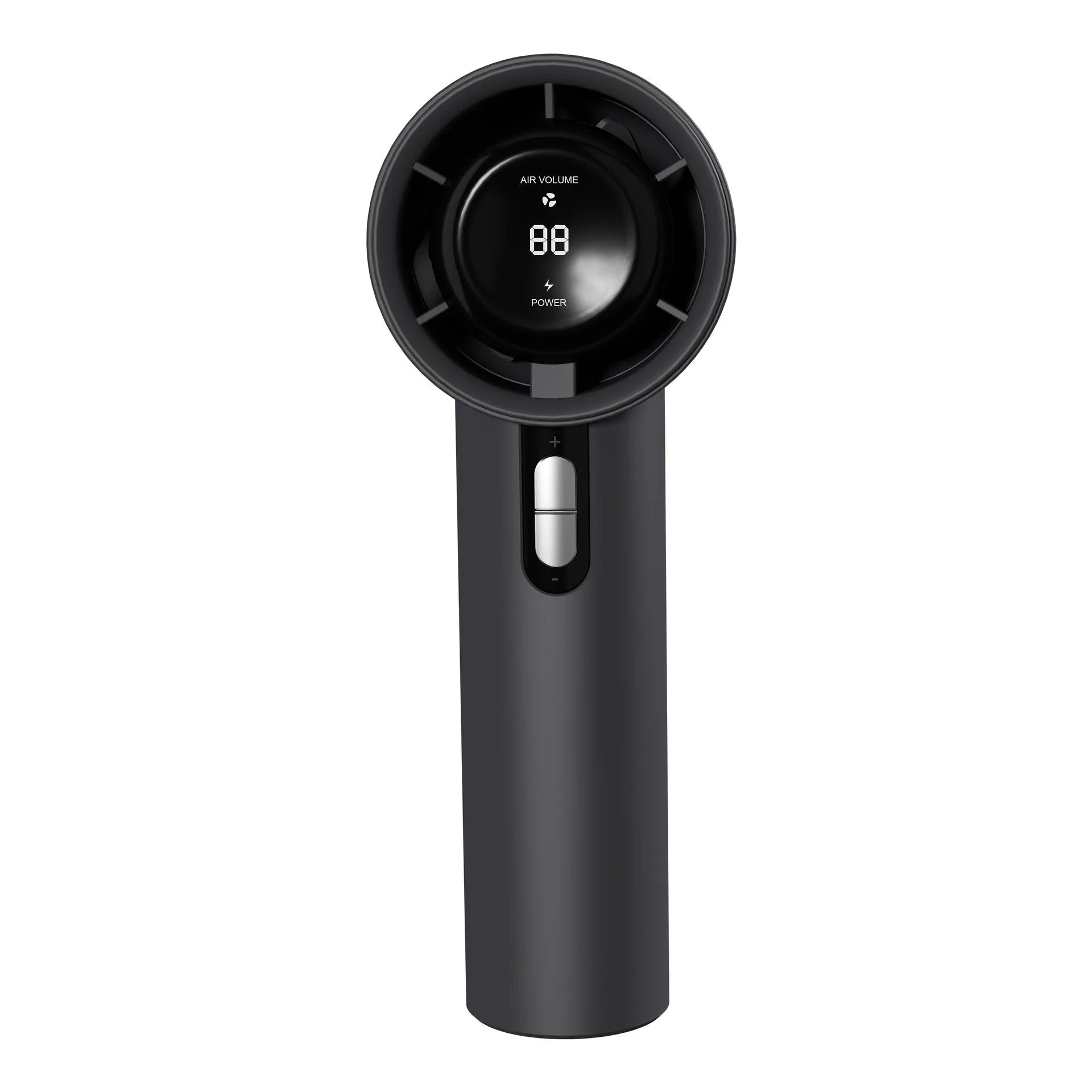 White portable handheld turbo fan with cooling function and display, shown on a table.