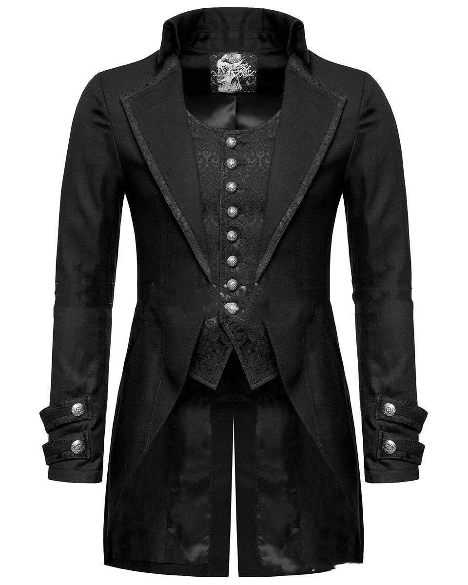 Black Victorian morning gown cosplay jacket on a mannequin, showing button front and period tailoring.