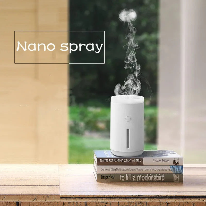 Porcelain white desktop humidifier with lamp showing 360ml water tank and compact design