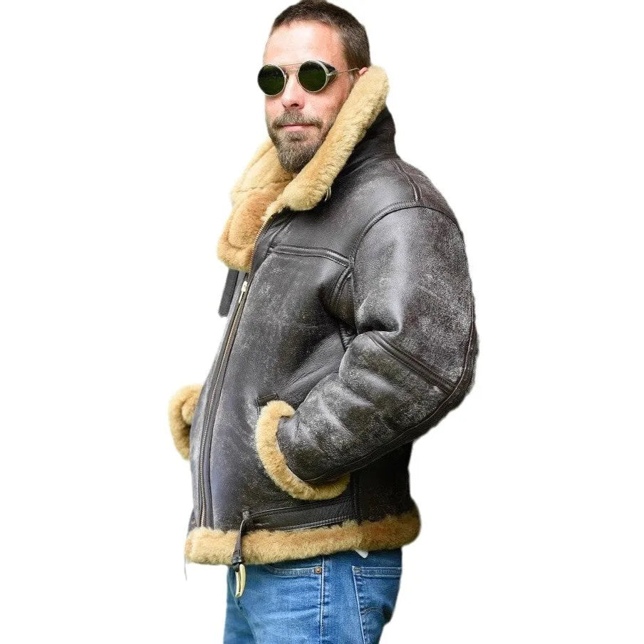 Men's brown retro western-style synthetic leather winter coat with side pockets on a mannequin.
