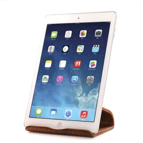 Bamboo wood lazy bracket for iPad and phone on desktop, walnut finish