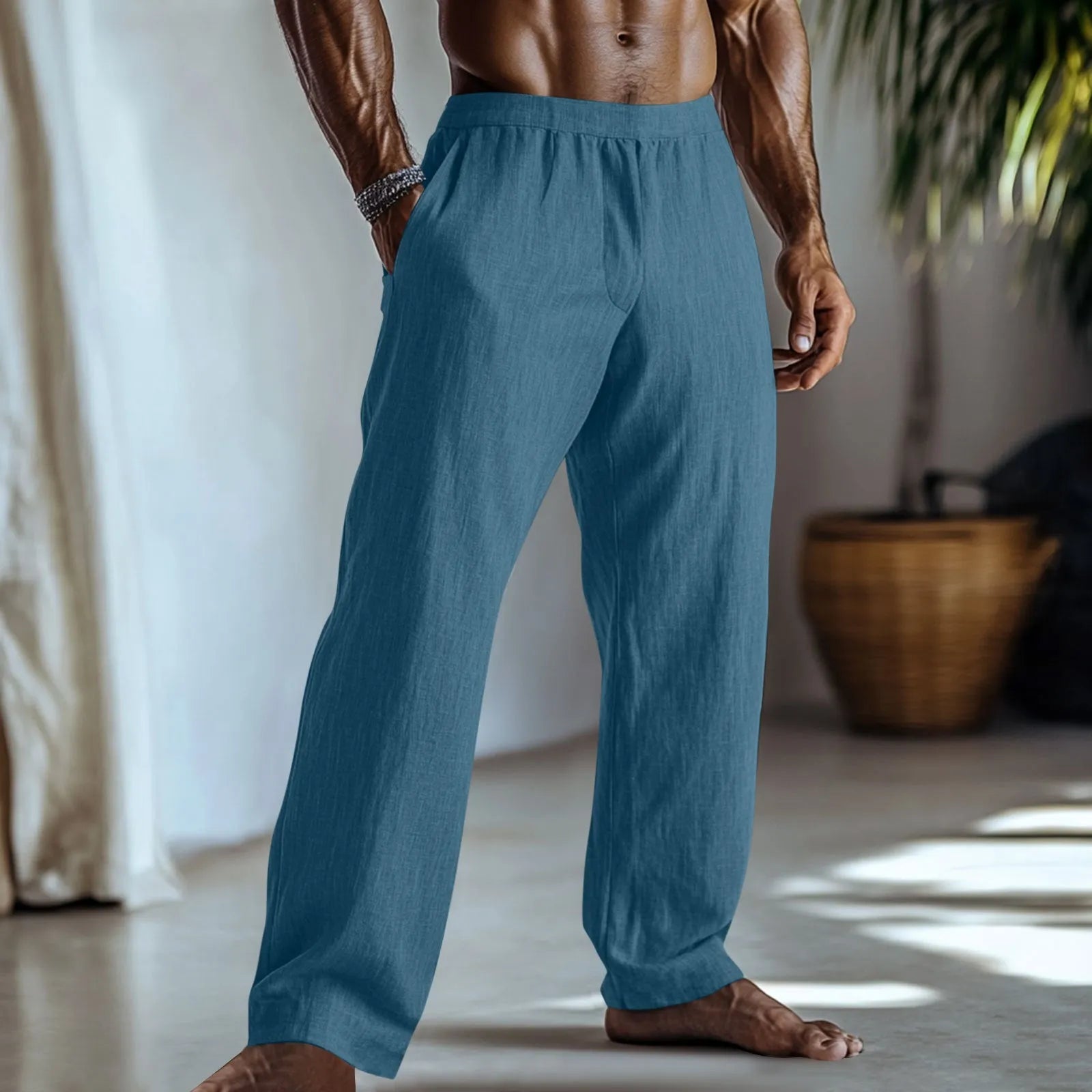 Cotton and linen straight-leg trousers in light green colour with visible pockets and straight hem