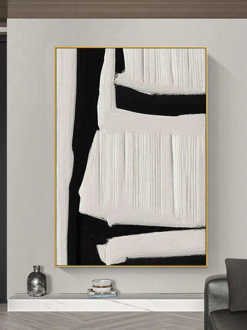 Large black white beige abstract handmade oil painting on canvas, vertical one-panel modern wall art without frame