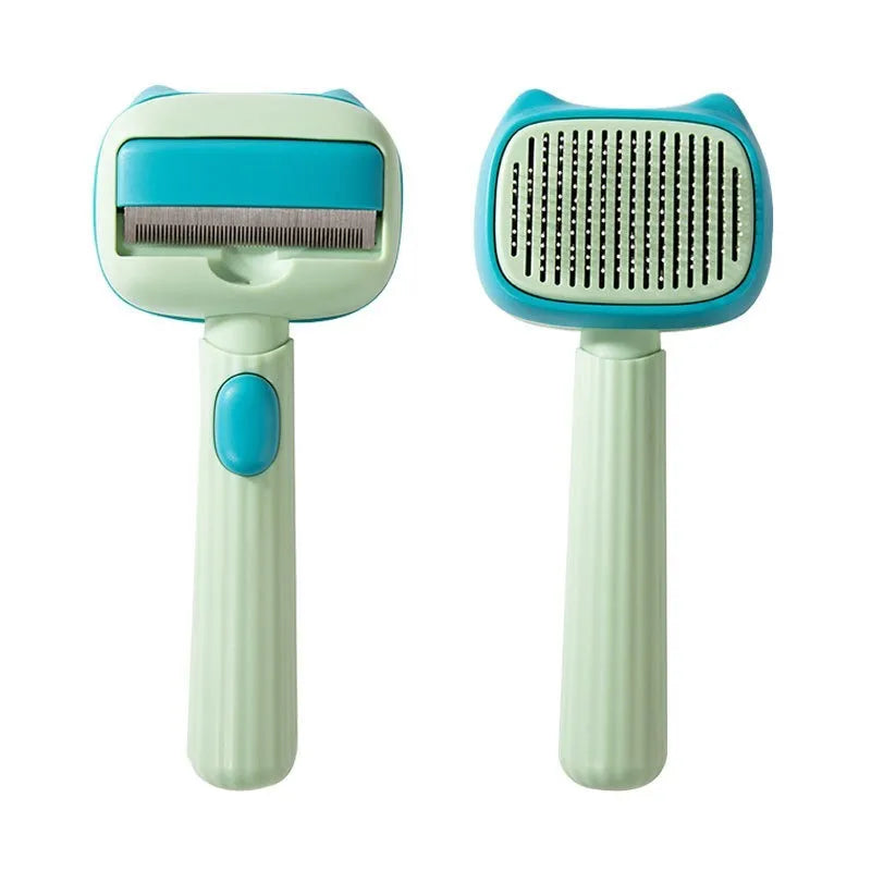 Blue and green double-sided pet grooming brush showing deshedding rake and dematting comb