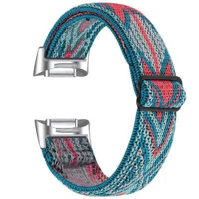 Printed elastic replacement watch strap for Fitbit Charge 6 in assorted colours on a white background