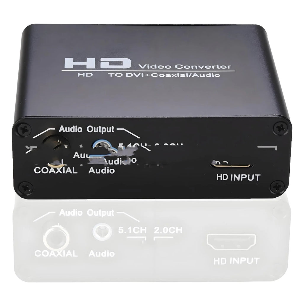 Black HDMI to DVI video converter with coaxial audio output port and attached 1.5 metre cable