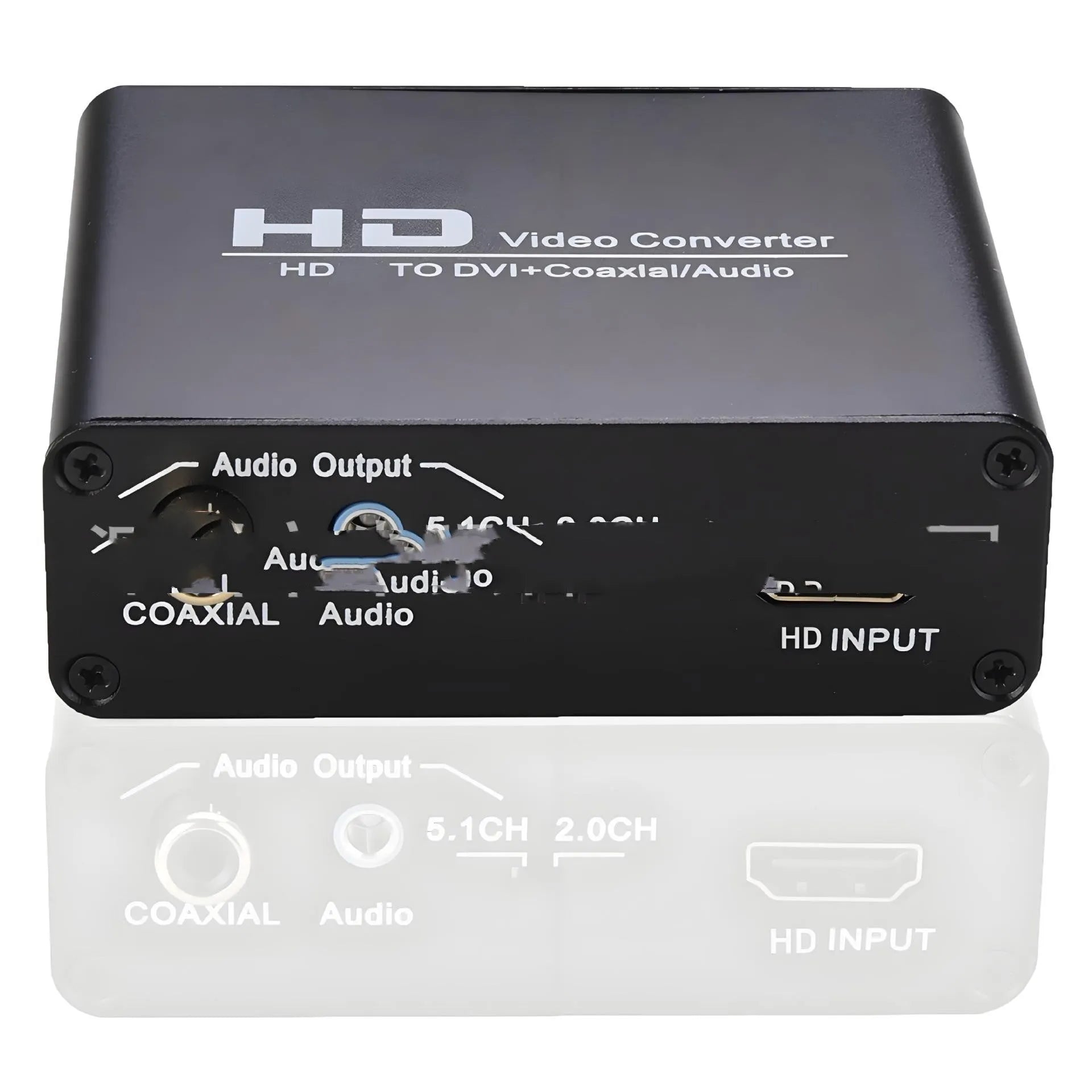 Black HDMI to DVI video converter with coaxial audio output port and attached 1.5 metre cable