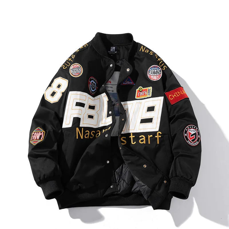 Black American Motorcycle Baseball Uniform jacket with removable hood, shown on a model.