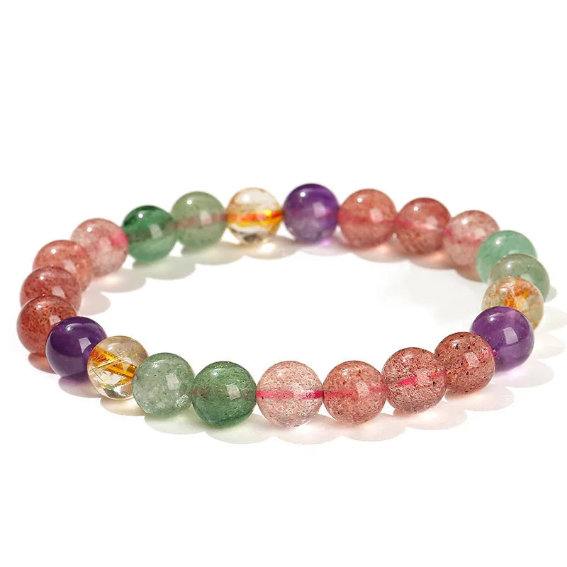 Strawberry quartz bracelet with round 7mm, 8mm, or 9mm beads and natural tourmaline colour styling