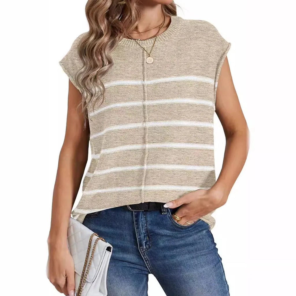 Women's striped sleeveless vest pullover top in acrylic knit with bone stitching.
