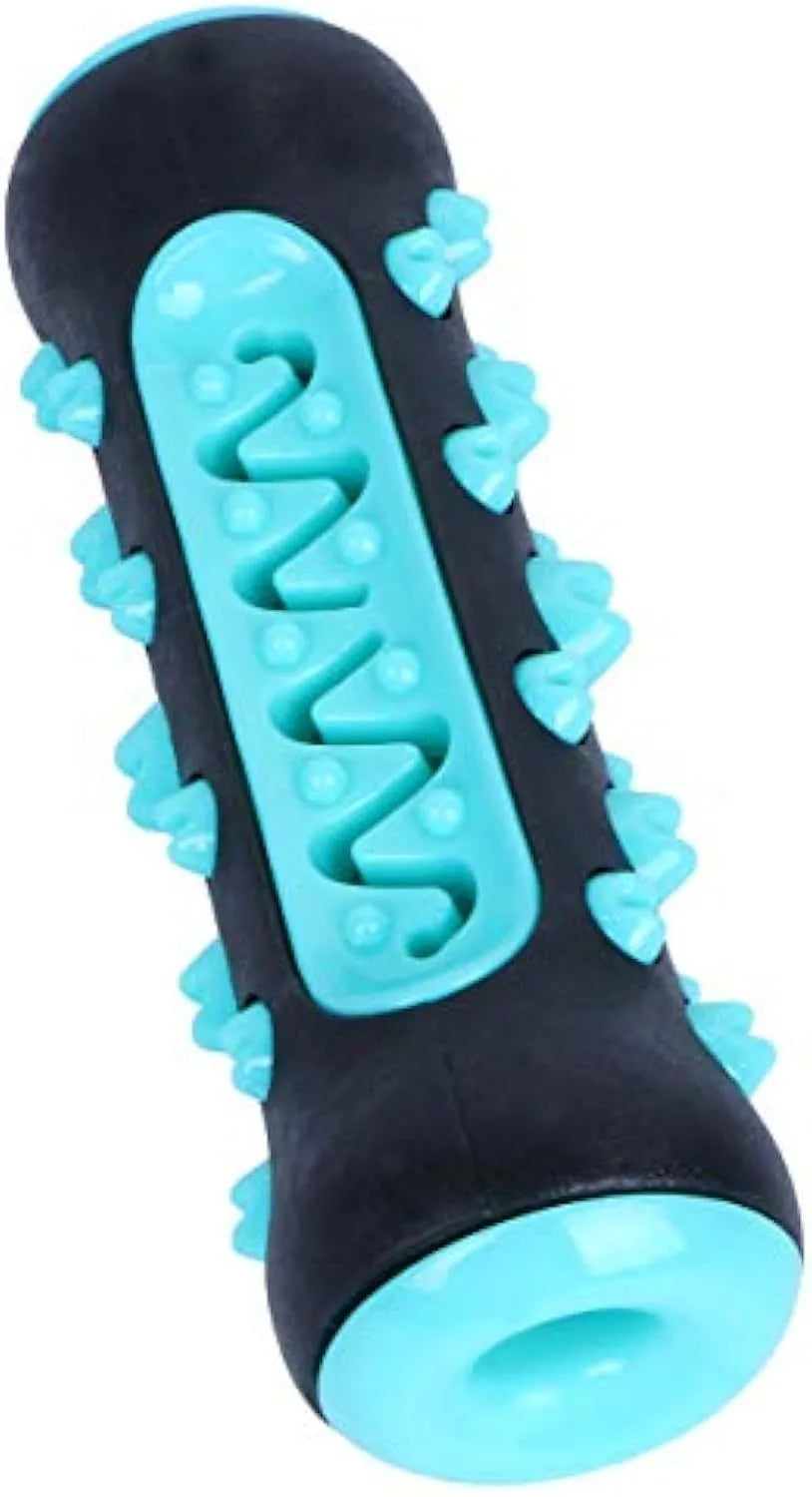 Natural rubber dog dental chew toy in four colours, showing textured surface for teeth cleaning.