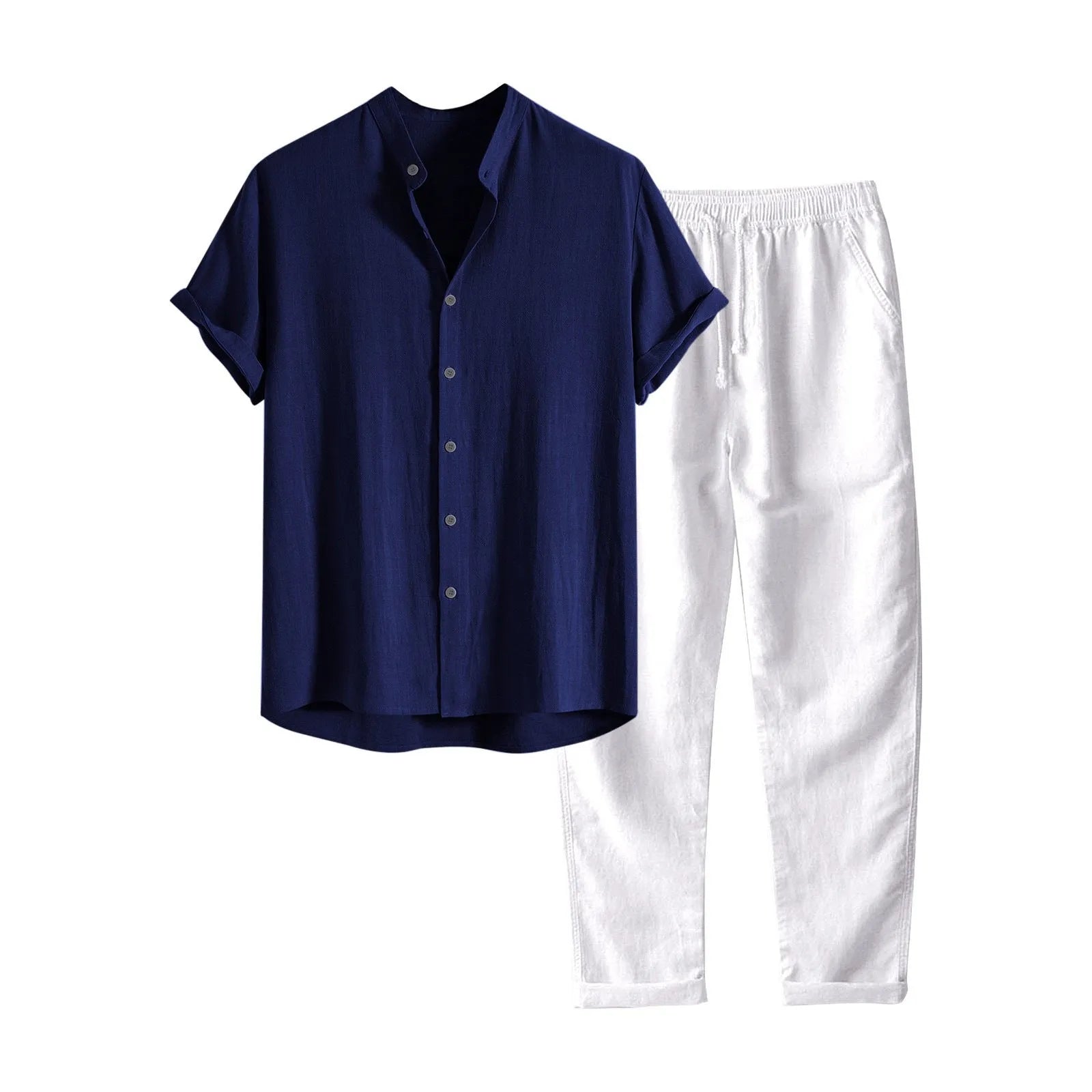 Men's casual short sleeve shirt and trousers set in polyester linen fabric with loose fit