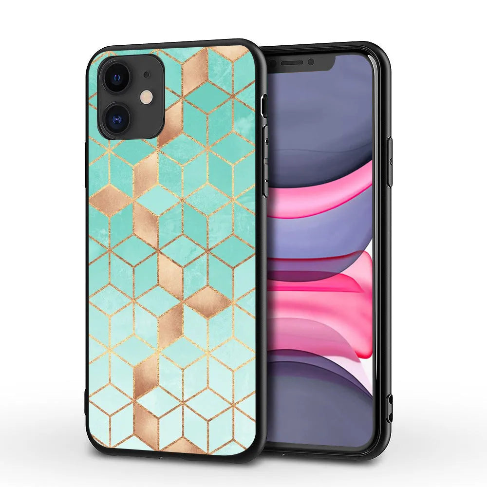 Marble pattern iPhone case with TPU PC construction showing waterproof drop-resistant features