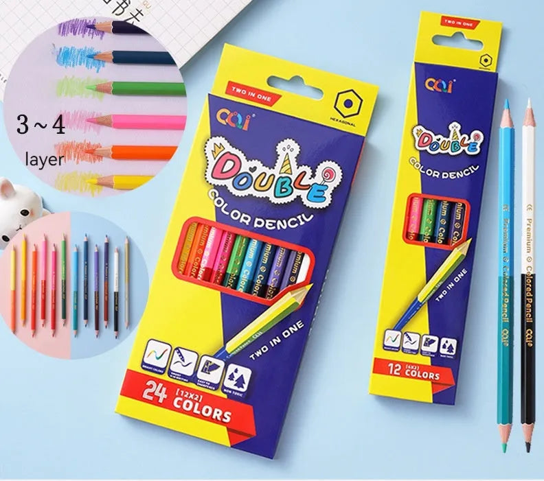 Wooden colouring pencils with double-headed colour lead in student art set packaging