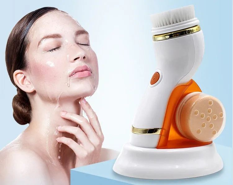 Ultrasonic electric pore cleaner in blue and orange with three brush heads and two gear speed settings for blackhead removal