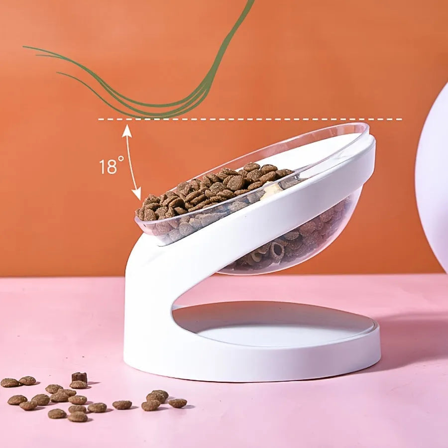 White clear plastic elevated cat food bowl with anti-vomit tilt design on stable base