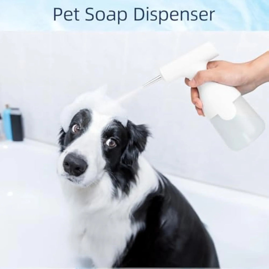 White electric foam soap dispenser with two nozzles and USB cable for pet and home cleaning.