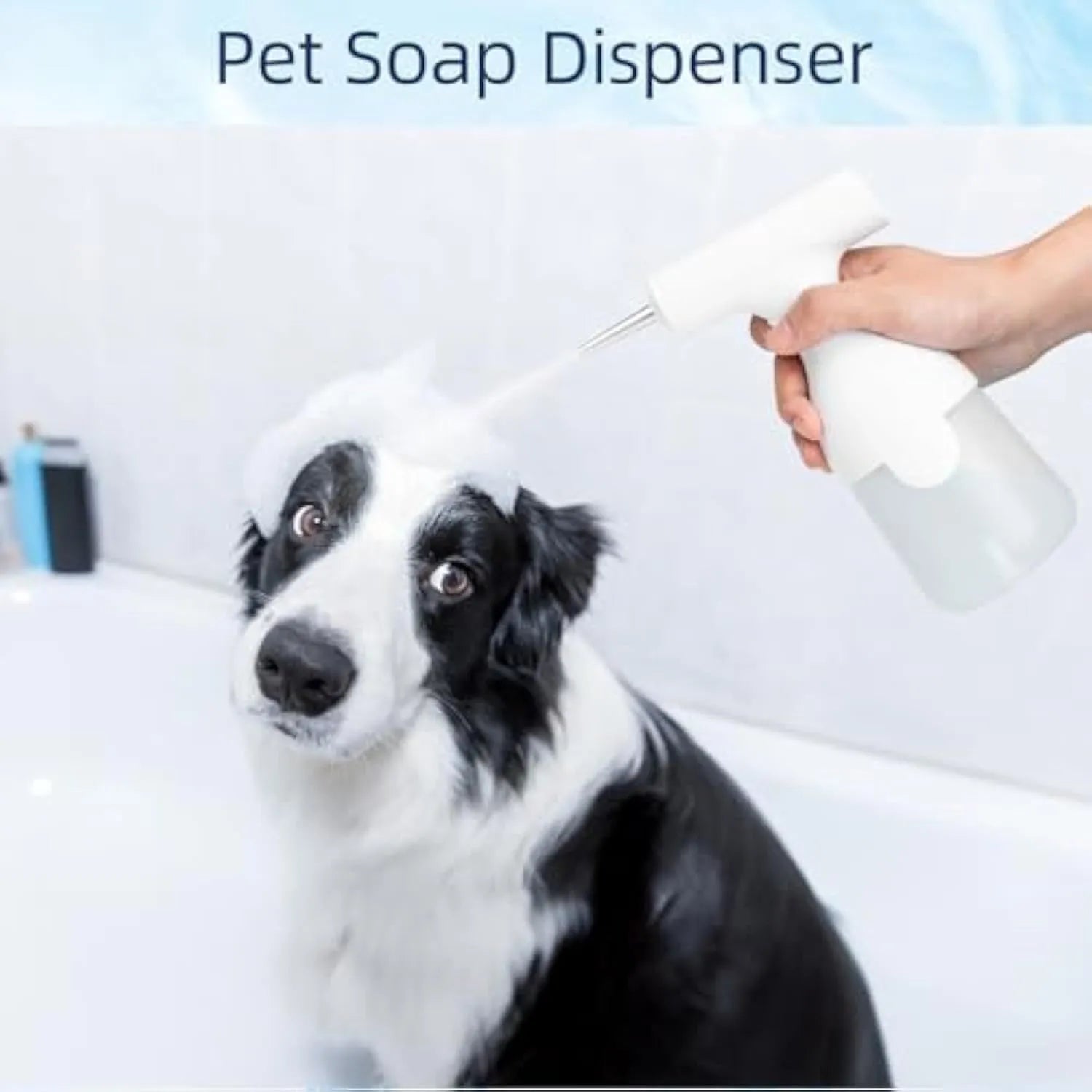 White electric foam soap dispenser with two nozzles and USB cable for pet and home cleaning.