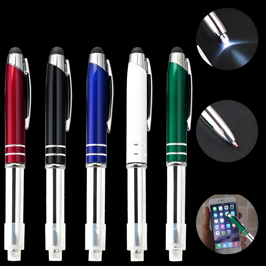 Multifunctional metal capacitive stylus and LED light ballpoint pen in red, black, white, green, or blue