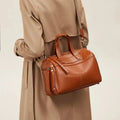 Genuine leather shoulder bag for women in classic black first layer cowhide with sewing line detail