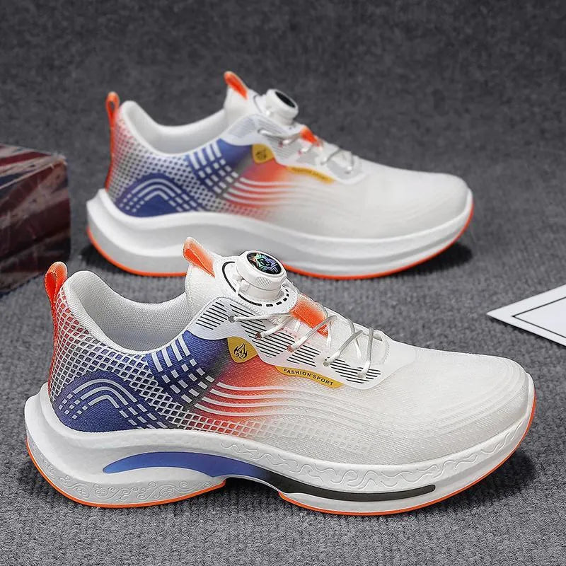 Men's low-top sneaker with mesh lining, rotating buckle, and rubber sole in white and orange colour.