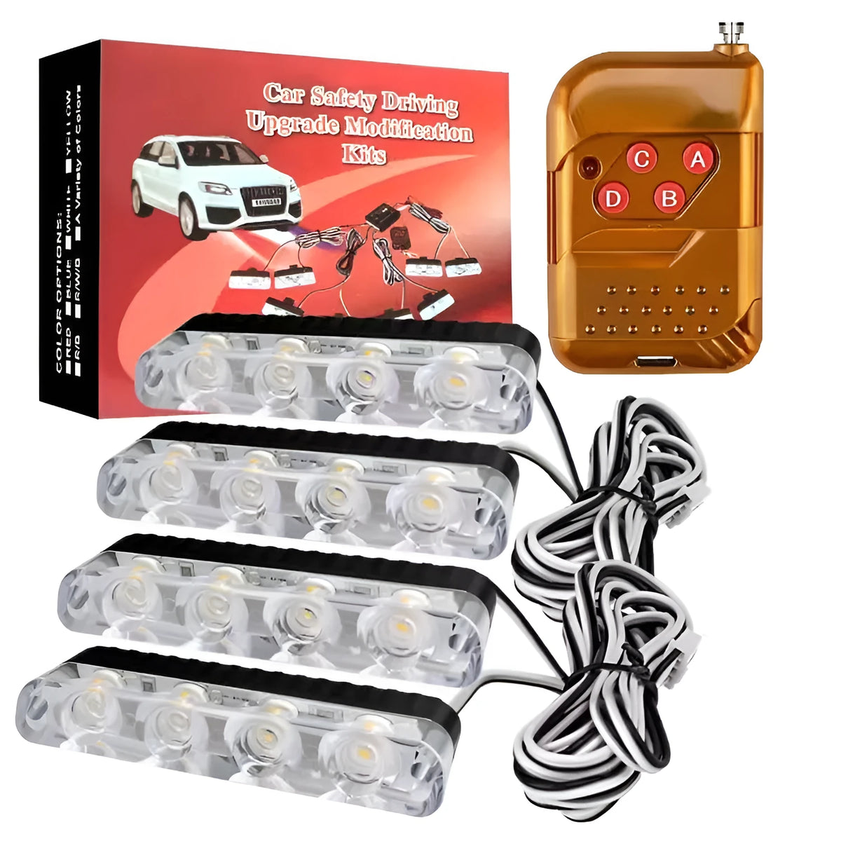 Four-in-one 16 LED car strobe warning light set with wireless remote, 12V ABS universal fit