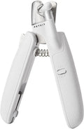 White pet nail clippers with LED light and transparent anti-splash guard next to a nail file on a table