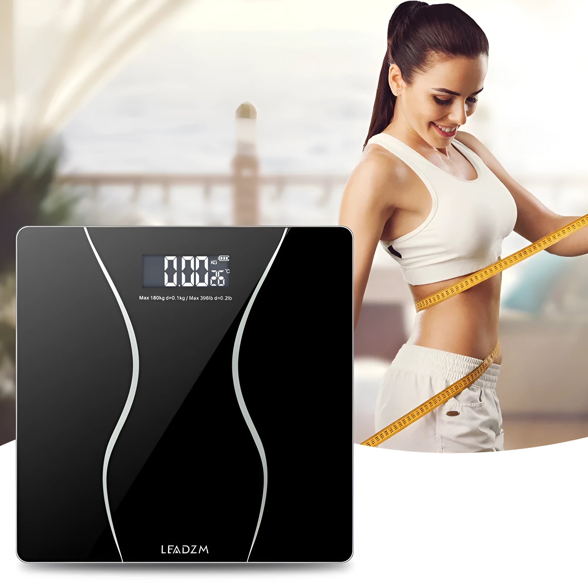 Black electronic digital body scale on a floor, showing a weight readout.