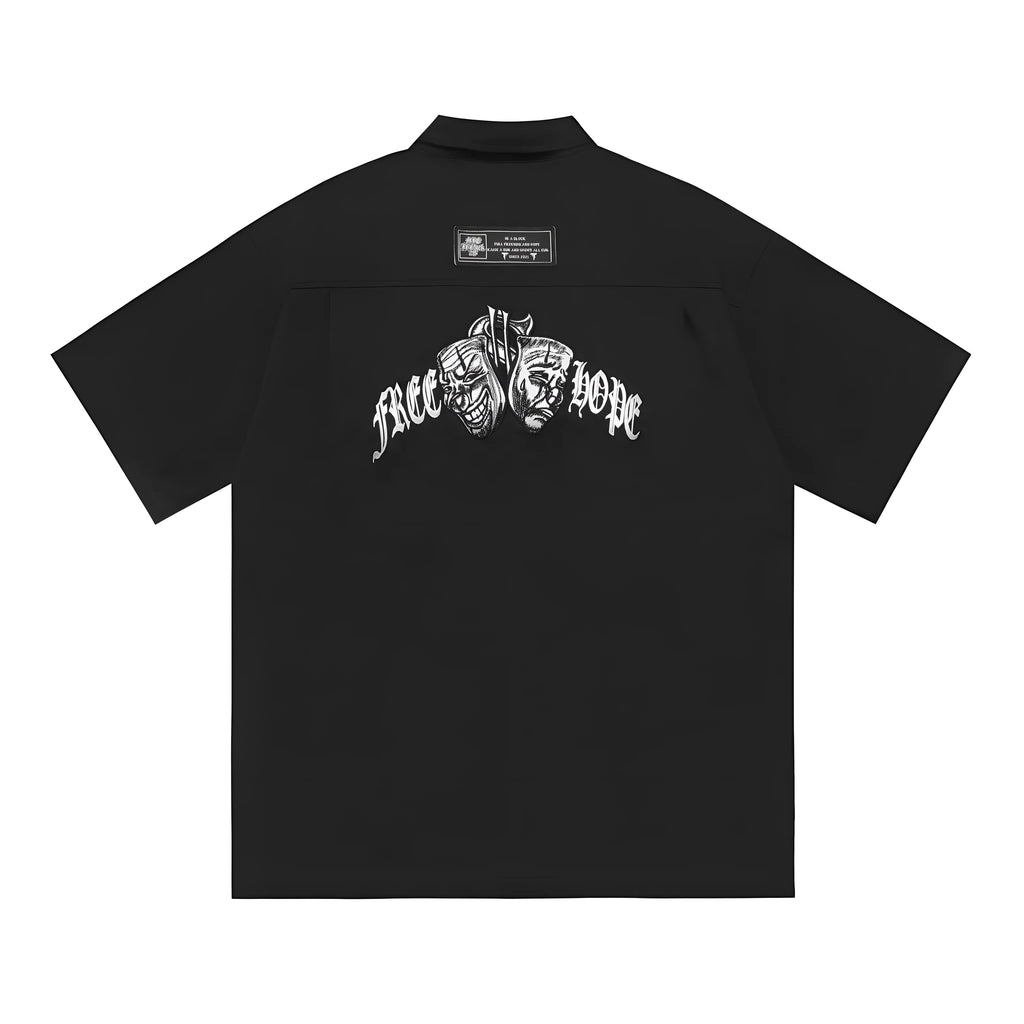 Men's loose fit half sleeve shirt with embroidery in black or khaki colour options
