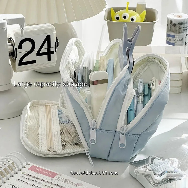 Double-layer high-capacity pencil case with carry handle in solid colour