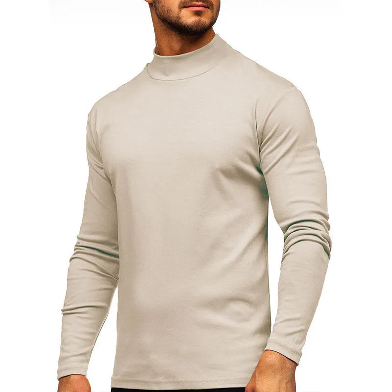 Men's autumn winter Dralon polyester high-neck long-sleeve pullover in solid colour, slim fit, US sizes S-2XL