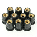 Pack of ten black brass expansion rubber well nut fasteners for motorcycle bodywork in M4, M5, and M6 sizes.