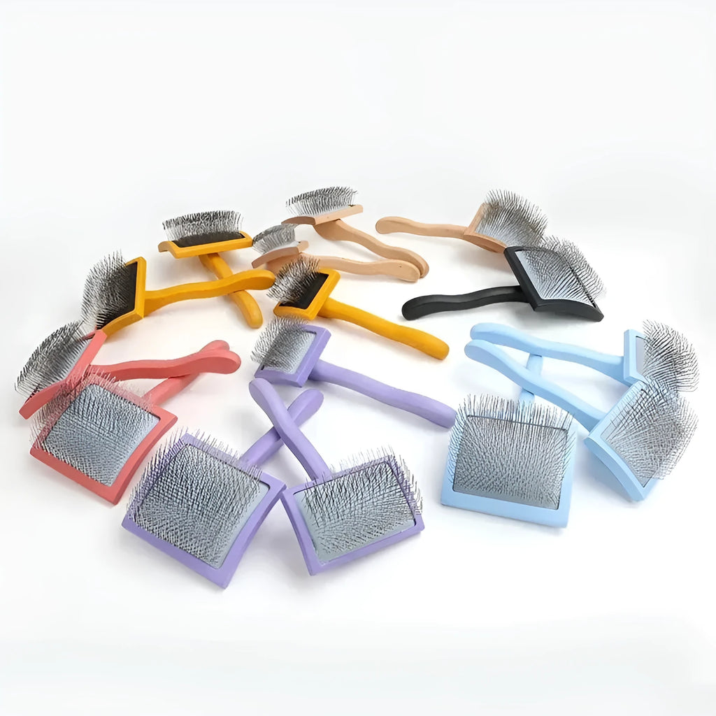 Solid wood pet grooming comb with rubber effect paint handle showing various needle density options and colour choices
