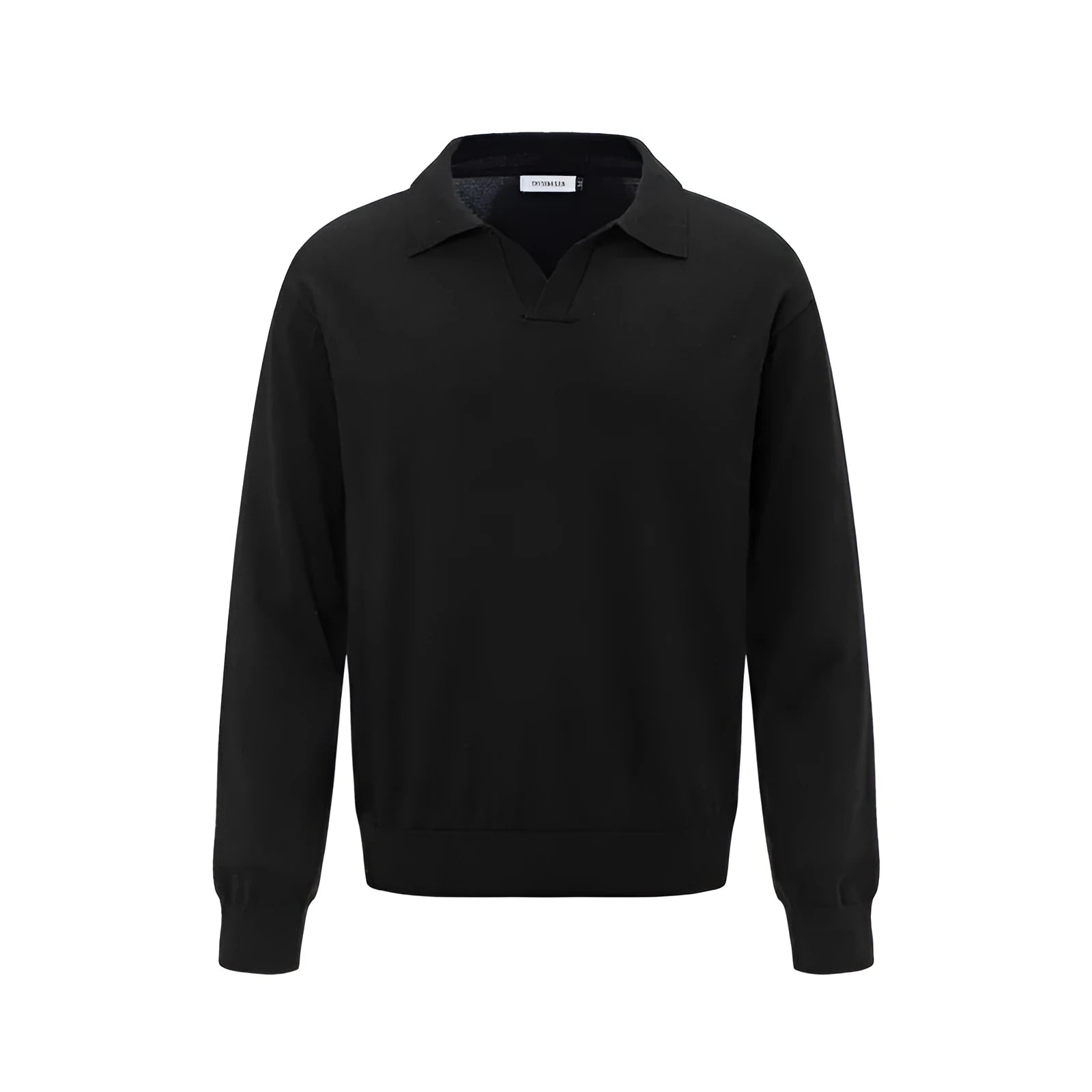 Man wearing a loose fit black acrylic pullover sweater for casual wear.