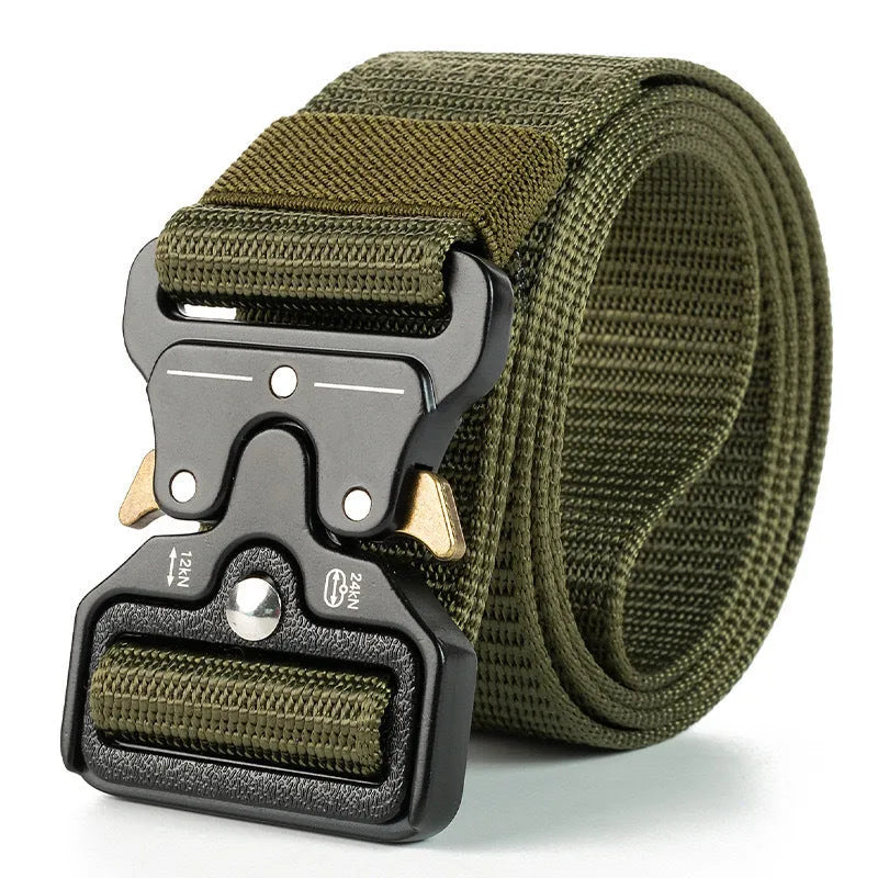 Men's thick canvas tactical belt with alloy buckle shown in Army Green colour on 120cm length