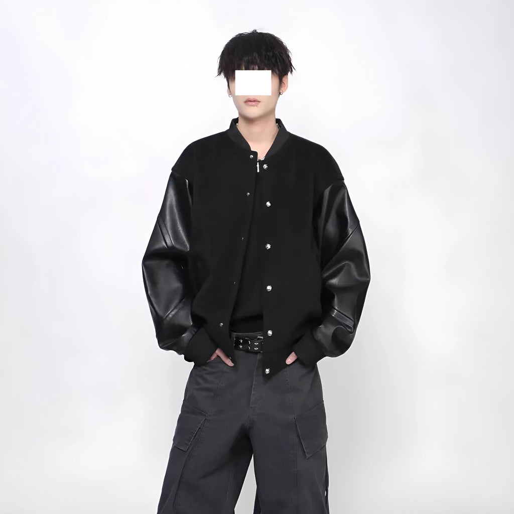 New Simple Harajuku Trendy Lazy Leather Coat in black with loose fit and side pockets