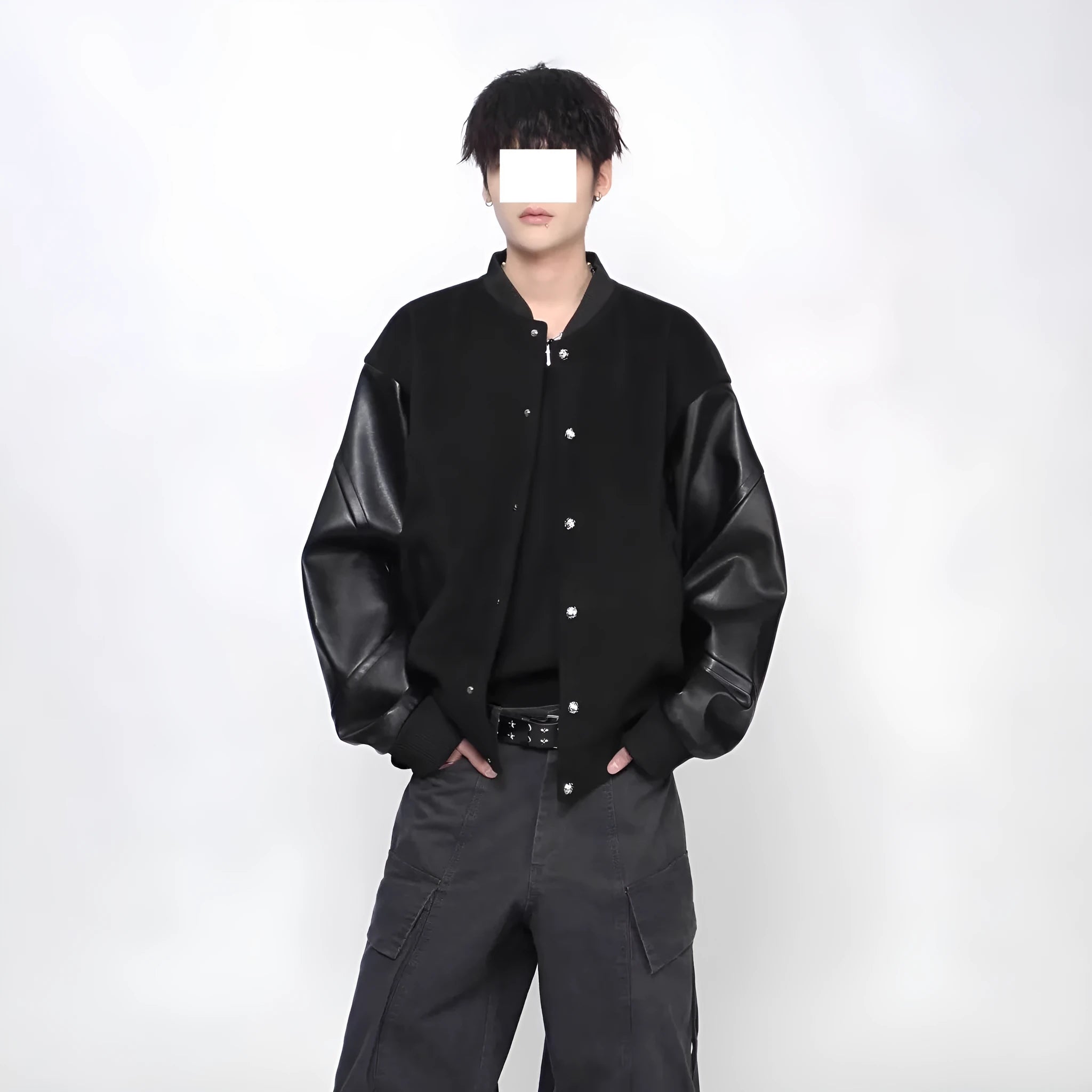 New Simple Harajuku Trendy Lazy Leather Coat in black with loose fit and side pockets
