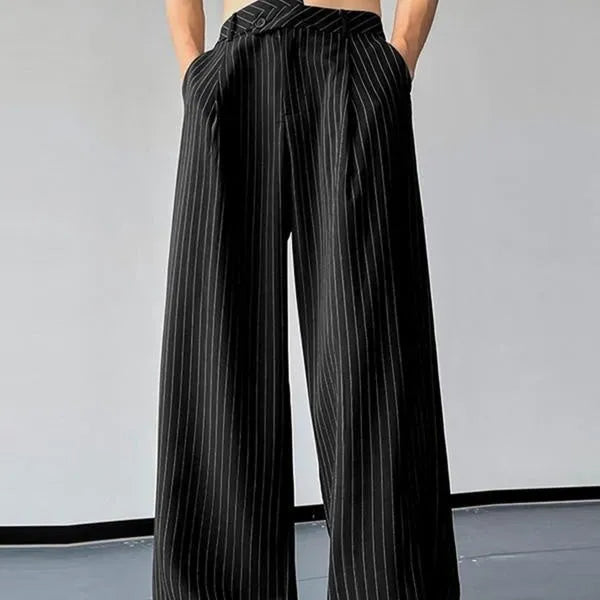 Men's black casual trousers with vertical stripes and pleated front in high-elasticity fabric