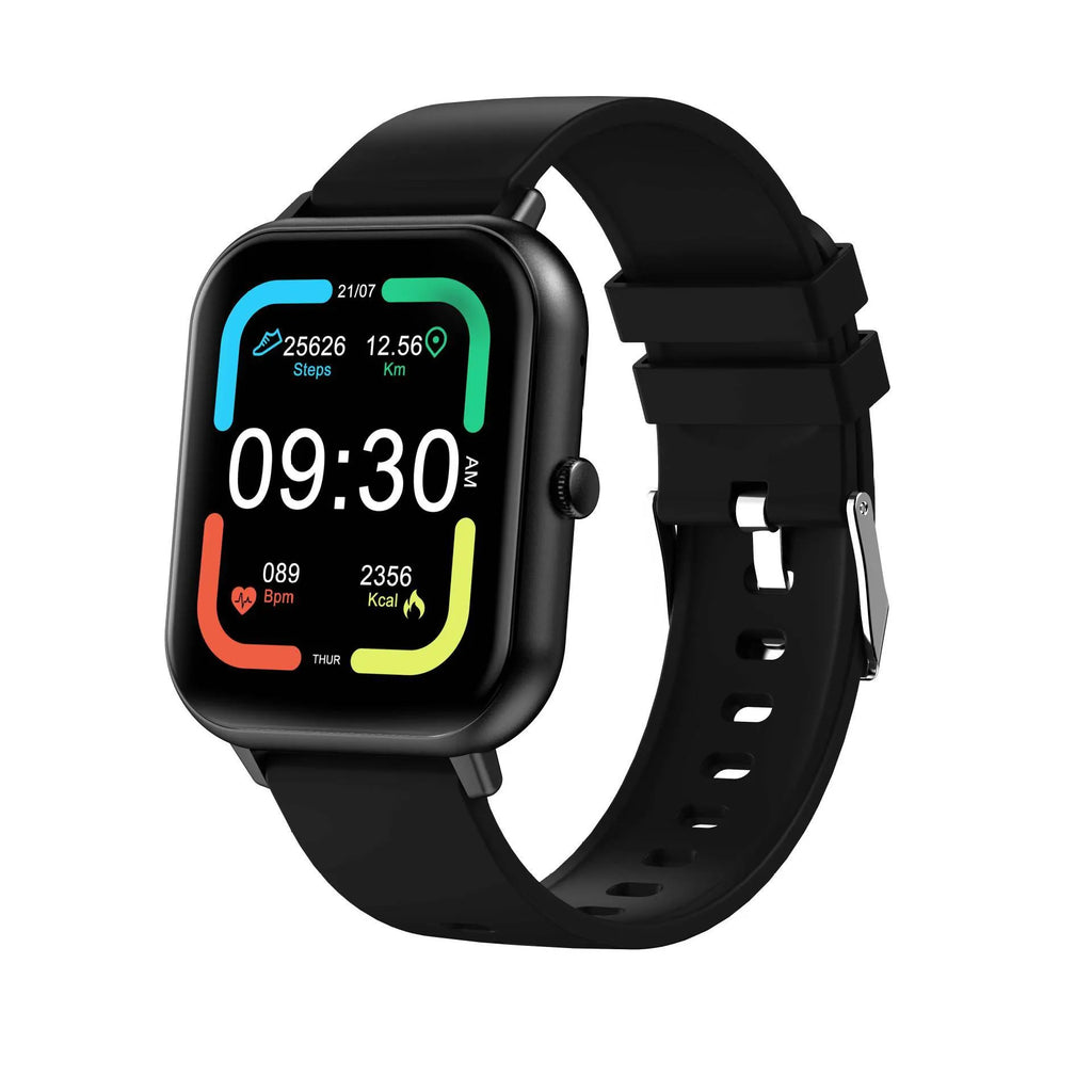 Black smart watch with touch button and TFT screen on a wrist, showing heart rate monitoring display.