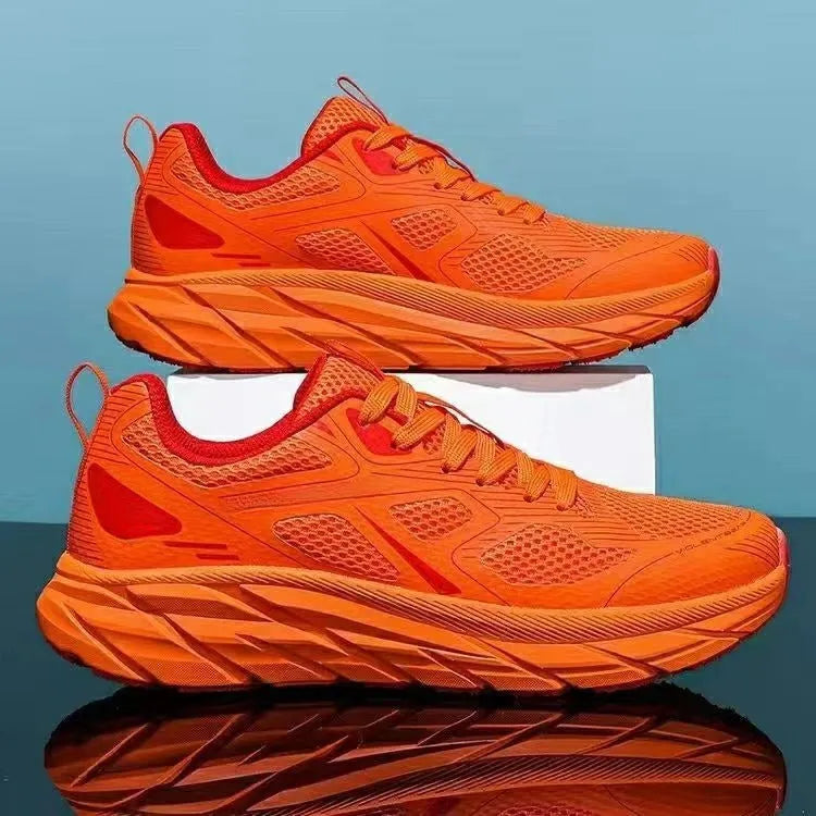 Red, beige, green, gray, and black mesh casual sneakers with round toe and plastic sole.