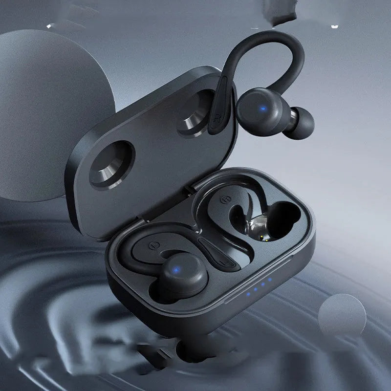 True wireless sport headphones with hanging ear design and removable ear hooks in black, blue, pink, red, and white