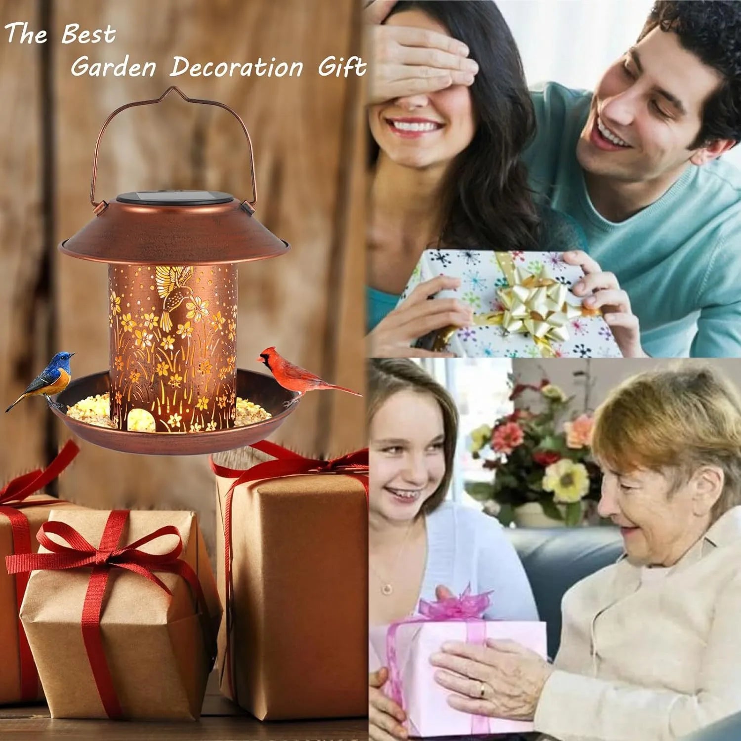 Solar-powered iron art bird feeder lamp with hummingbird pattern design for outdoor garden use