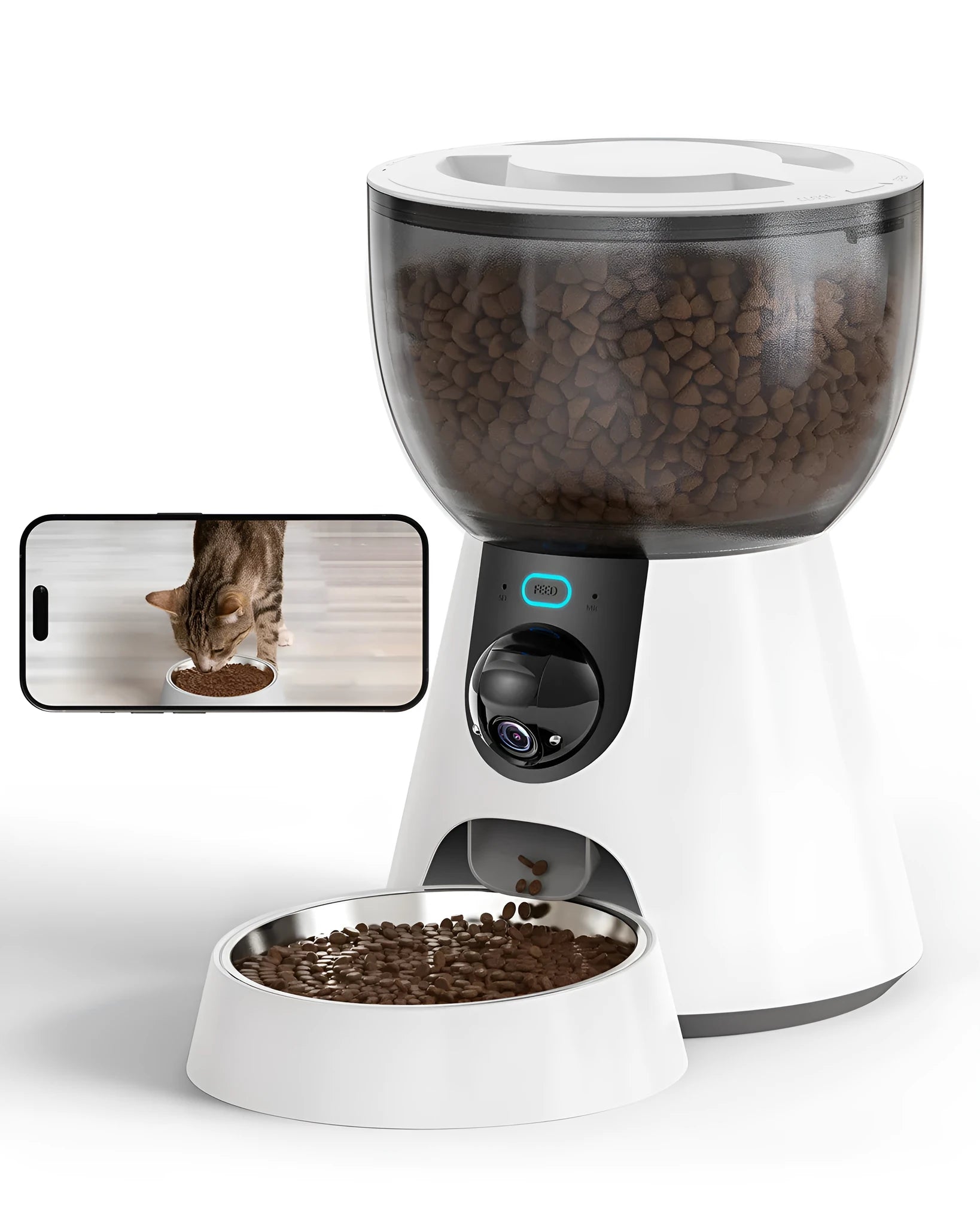 Automatic cat feeder with integrated camera, stainless steel food tray, and 4L storage hopper.