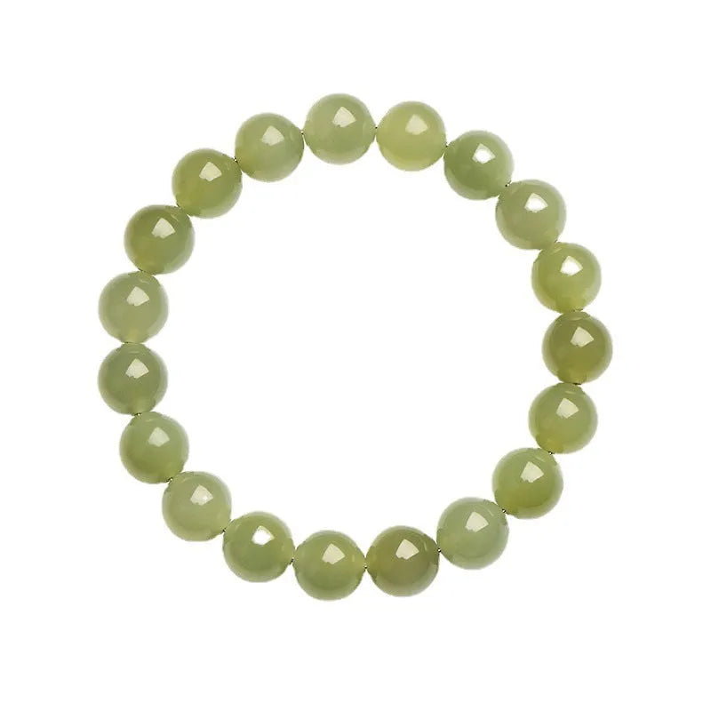 Polished Hetian jade ball bracelet on wrist, showing ice-like clear beads in available 4mm, 6mm, 8mm, and 10mm sizes.