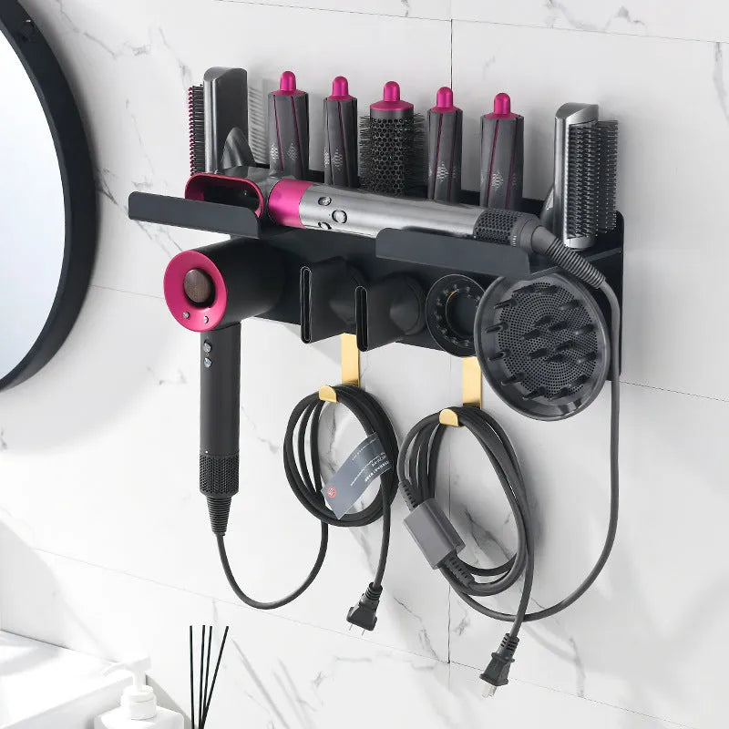 Wall-mounted aluminium alloy curling rod storage rack and hair dryer holder with anodised finish for barber shop use