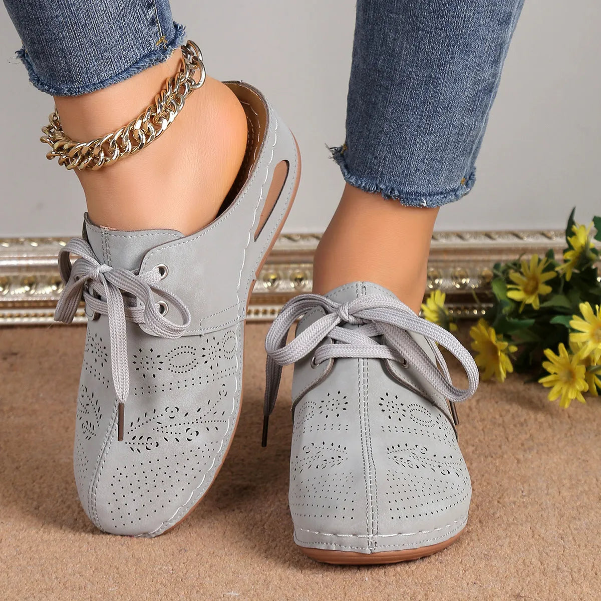 Women's lace-up baotou slippers with hollow out wedges in suede and rubber