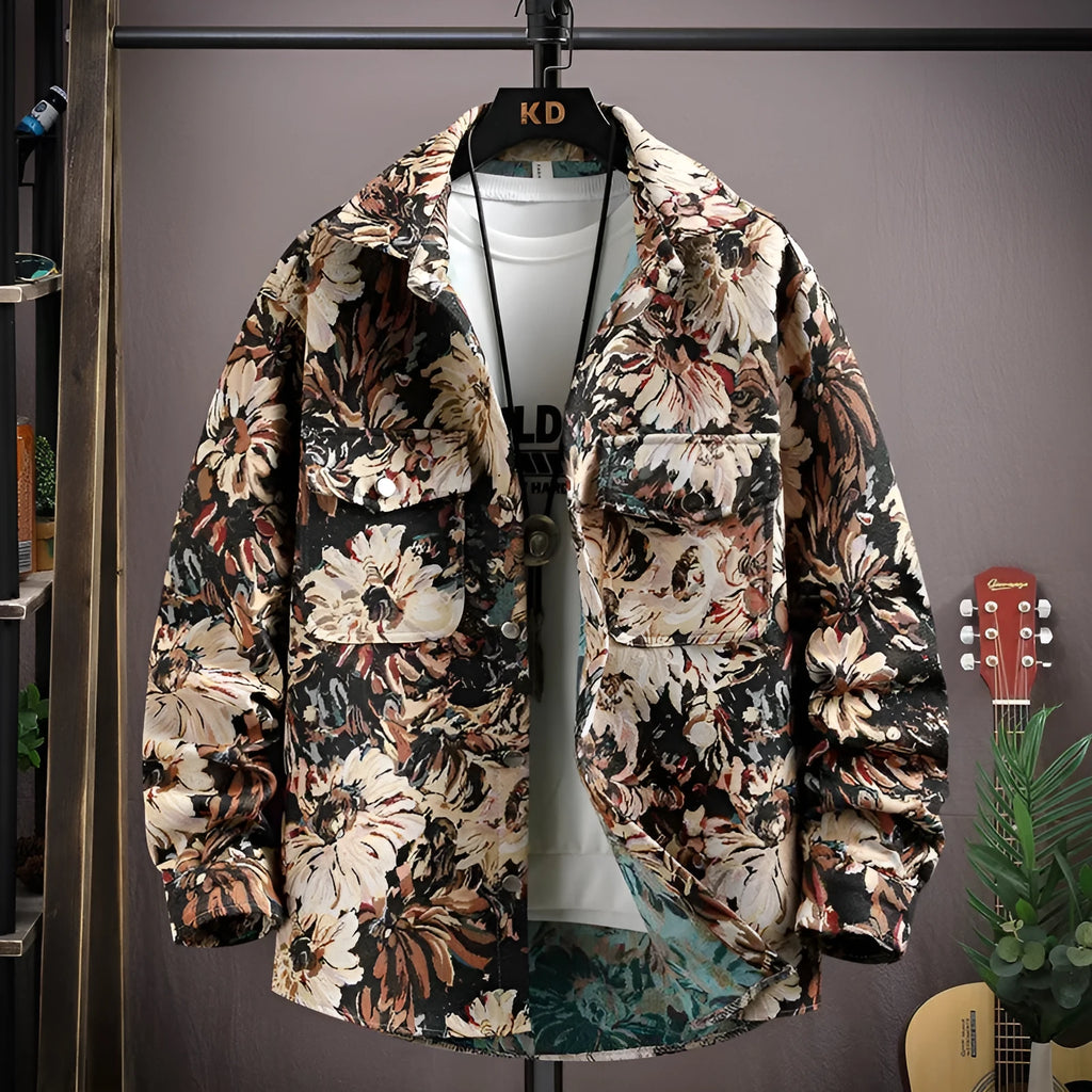 Men's casual lapel shirt coat in polyester, shown in a colour option like black or blue, with long sleeves and a straight hem.