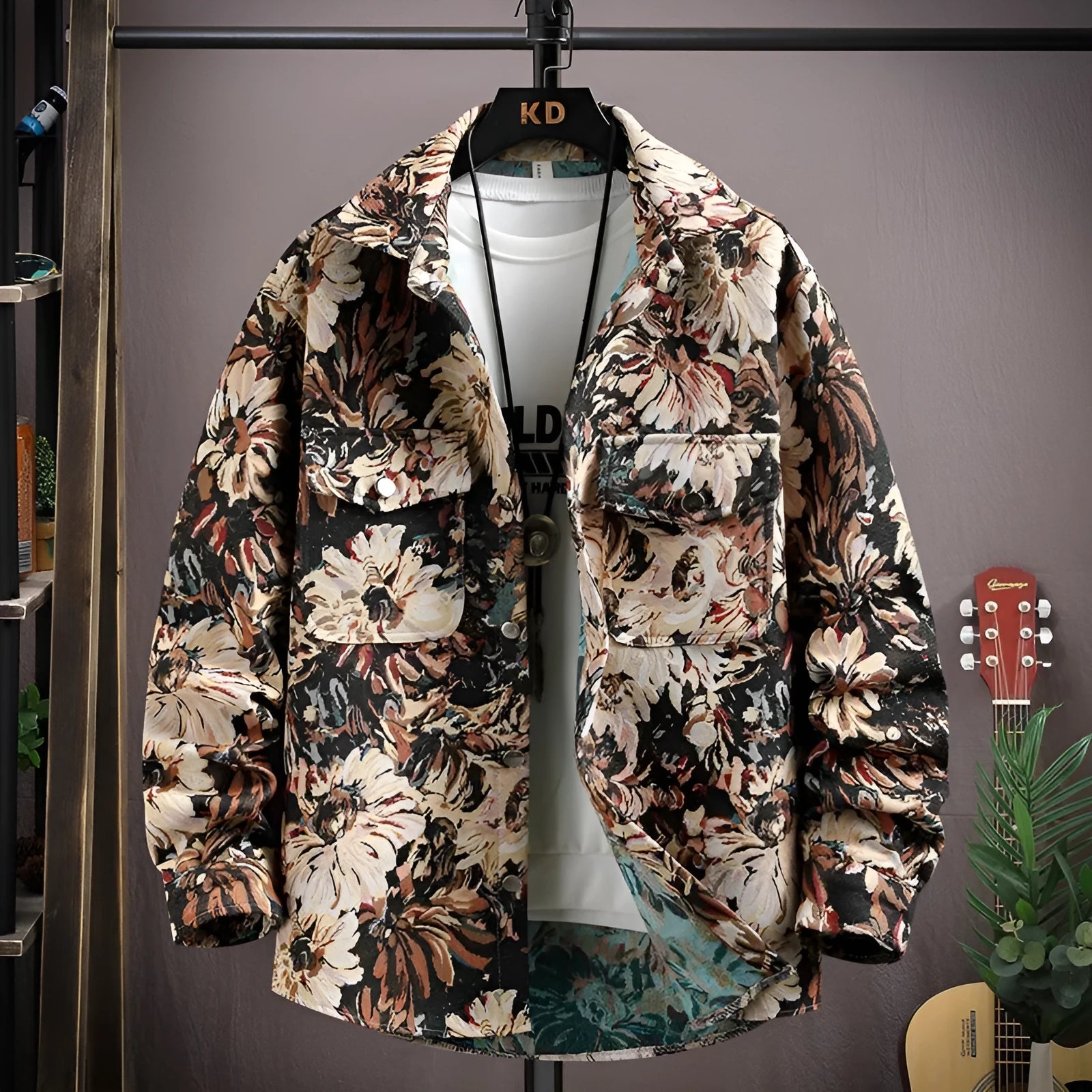 Men's casual lapel shirt coat in polyester, shown in a colour option like black or blue, with long sleeves and a straight hem.