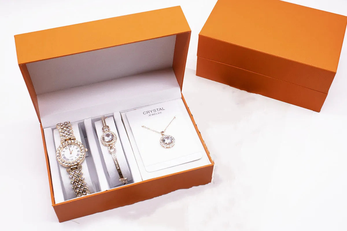 3-piece Rhinestone Watch Set With Bracelet And Necklace Alloy Quartz Watch Set Gold Silver Dial 3.2cm Strap Length 22.5cm Strap Width 1.5cm Glass Mirror OPP Simple Package Gift Set Jewellery Accessory Set Women